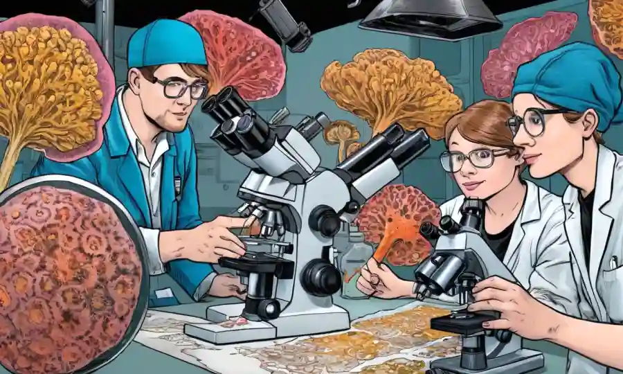 Investigadores colaboradores que examinan muestras de hongos bajo microscopios.