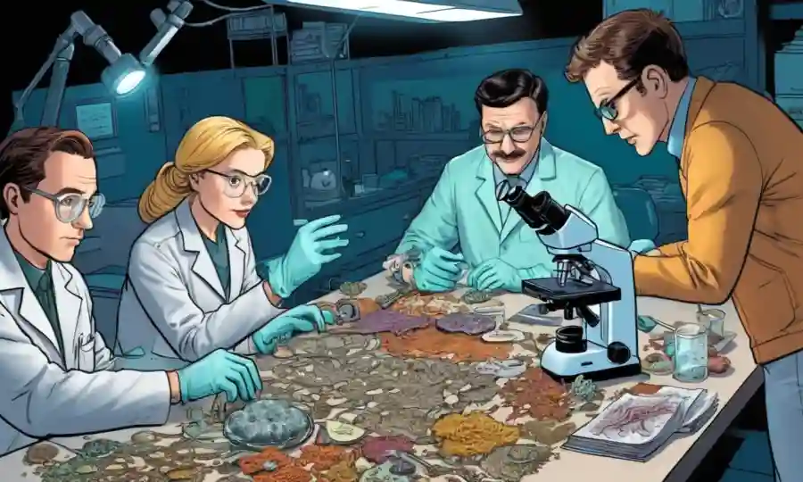 Los científicos que usan guantes examinan hongos bajo un microscopio en una mesa de investigación compartida.