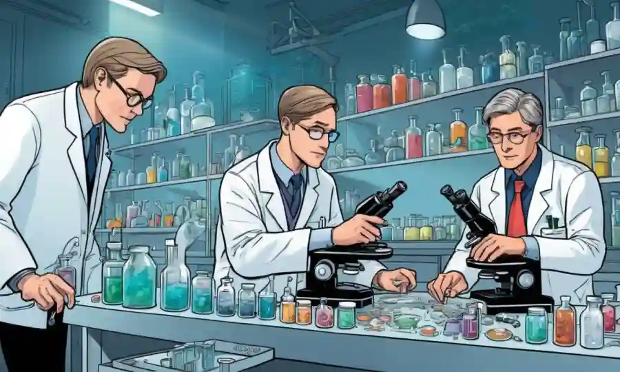 Científicos que realizan investigación juntos en un laboratorio con microscopios y platos petri.