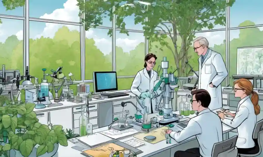 Colaboradores de investigación se reunieron alrededor de equipos y diagramas de laboratorio, rodeados de vegetación, indicando un exitoso proyecto de colaboración en investigación biológica.