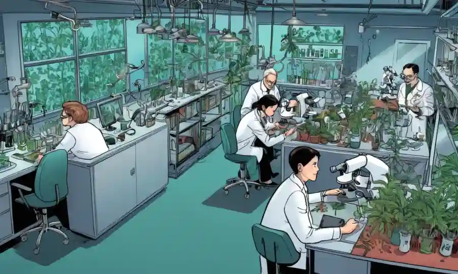 Investigadores en laboratorio, trabajando juntos en mesas, rodeados de microscopios y muestras de plantas.