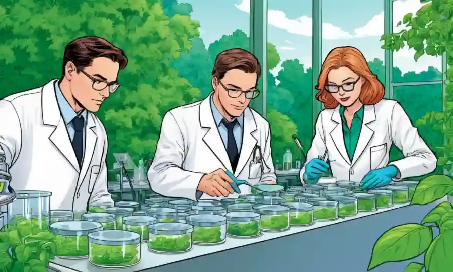 Científicos en capas de laboratorio que estudian platos petri rodeados de vegetación.