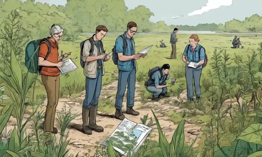 Grupo de personas recolectando muestras de plantas en reserva natural con notas de investigador.