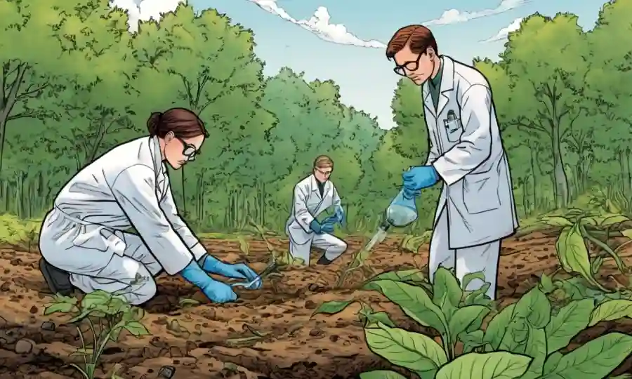 Científicos que estudian materia orgánica descompuesta en ecosistemas naturales.