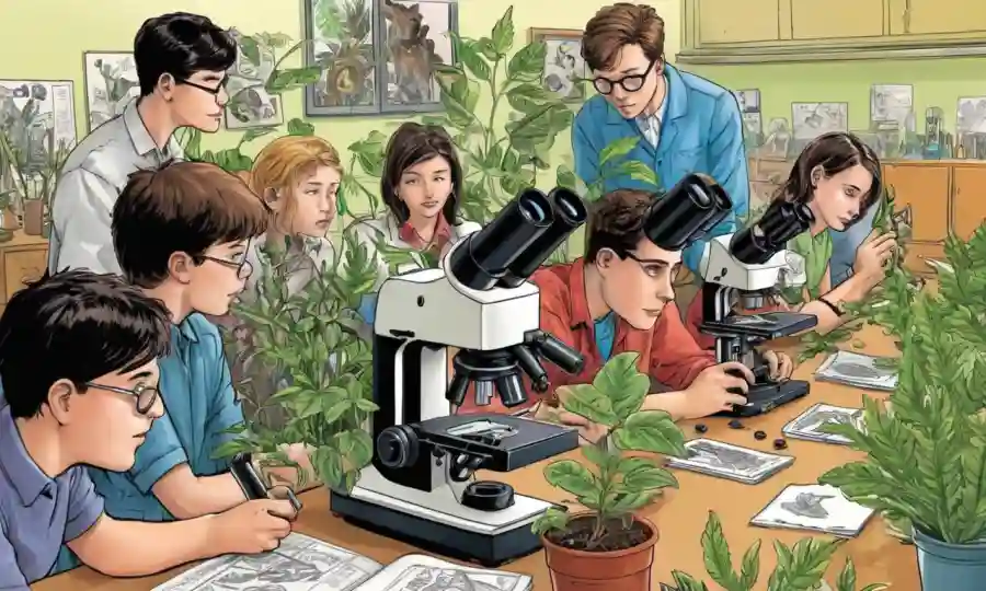 Los estudiantes se reúnen alrededor de un microscopio en un aula, rodeado de especímenes vegetales y animales.