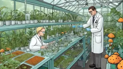 Científicos que trabajan en un laboratorio de invernadero rodeado de hongos y muestras de plantas.