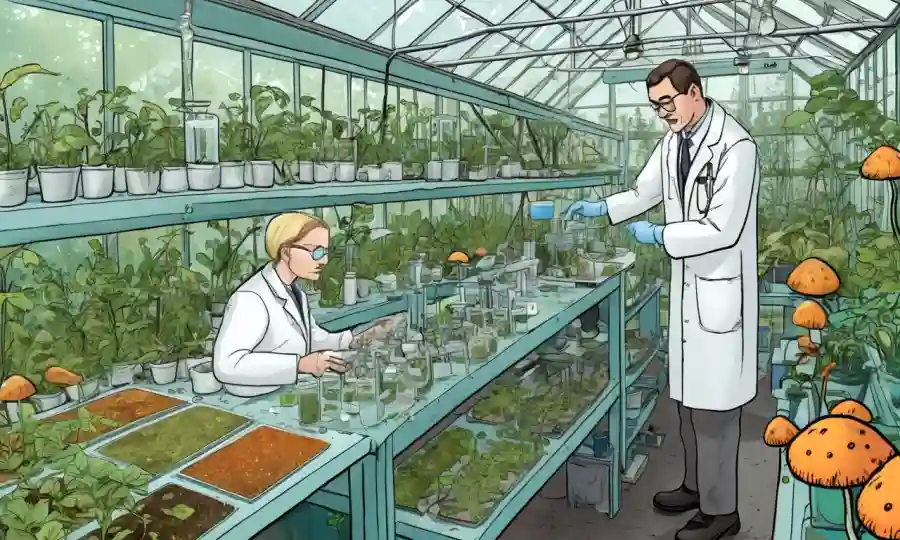 Científicos que trabajan en un laboratorio de invernadero rodeado de hongos y muestras de plantas.