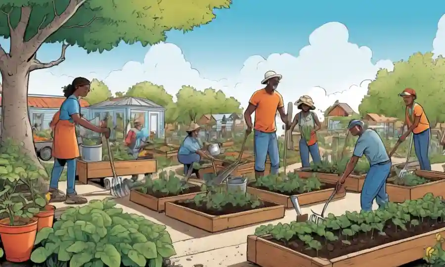 Un grupo de personas dedicadas a la jardinería comunitaria y proyectos de simbiosis local.