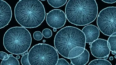 Imágenes de microscopio de esporas fúngicas creciendo en un plato Petri.