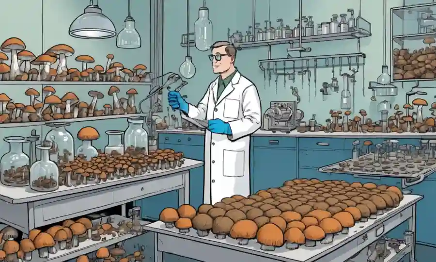 Un científico que observa diversos tipos de hongos en un entorno de laboratorio, con equipos y diagramas que proporcionan contexto.
