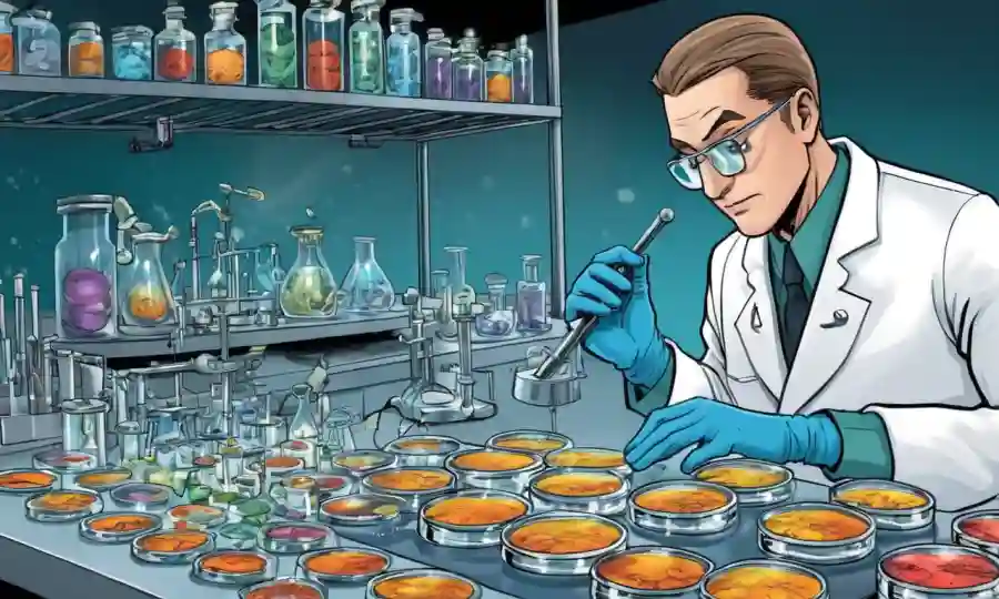 Científico de laboratorio que examina los platos petri con muestras y equipos de hongos.