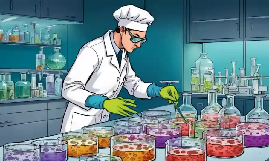 Científicos de laboratorio ejecutando diversas técnicas de ensayo biológico sobre culturas fúngicas en platos petri.