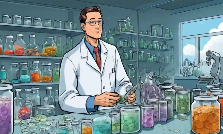 Un científico en un laboratorio rodeado de platos petri y muestras de hongos.