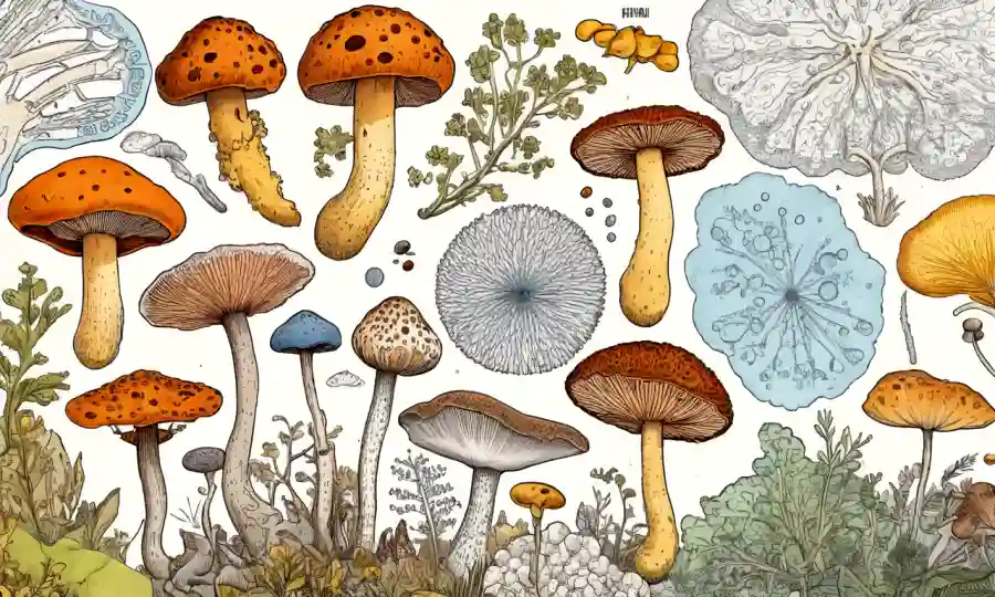 Las imágenes microscópicas de hongos coexisten con gráficos abstractos y diagramas ecológicos.