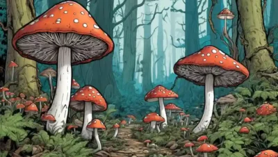 Setas creciendo en un bosque rodeado de intrincadas redes fúngicas.