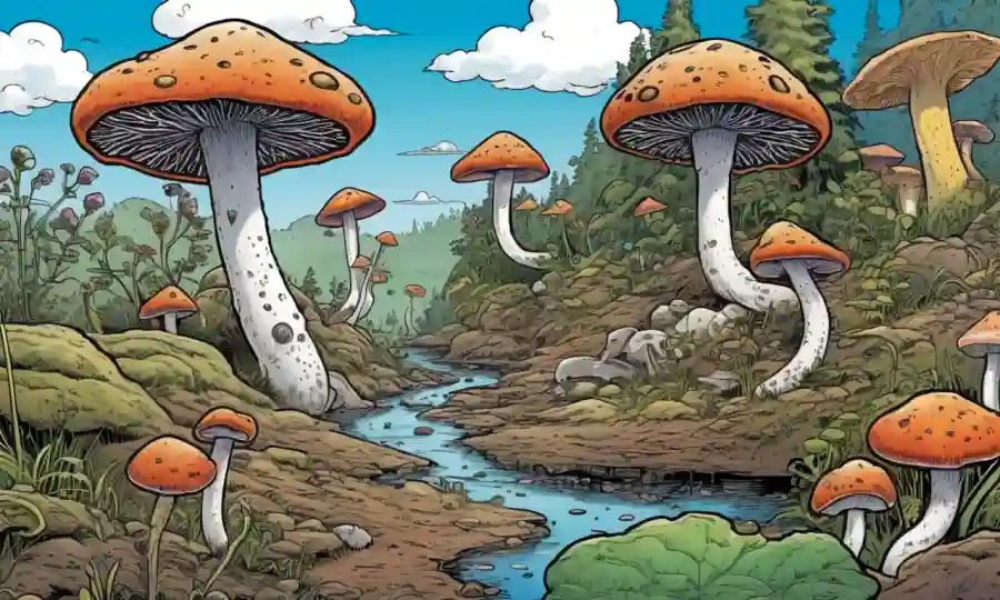 Una imagen que ilustra los diversos roles ecológicos de hongos psiquiátricos en entornos difíciles.