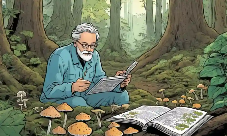 Científico estudiando hongos en un bosque con notas sobre impacto ecológico.