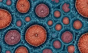 Las células de setas se transforman en tejido sano en un fondo microscópico.