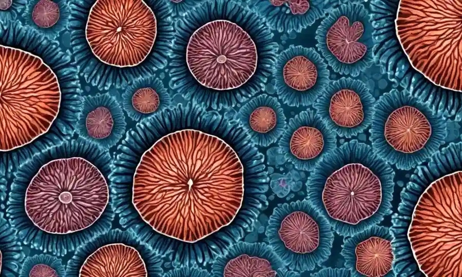 Las células de setas se transforman en tejido sano en un fondo microscópico.