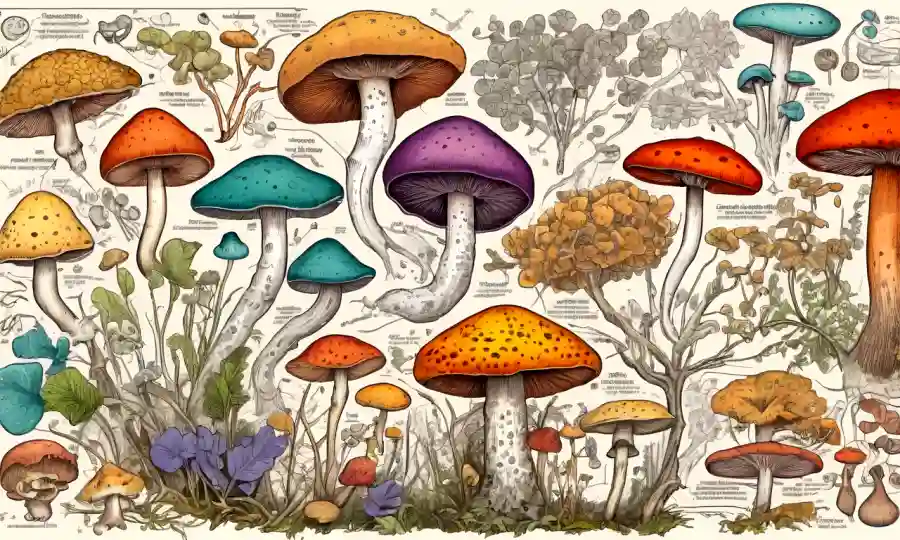 Una imagen de cerca de varios hongos coloridos rodeados de símbolos médicos y diagramas que sugieren sus posibles aplicaciones terapéuticas.