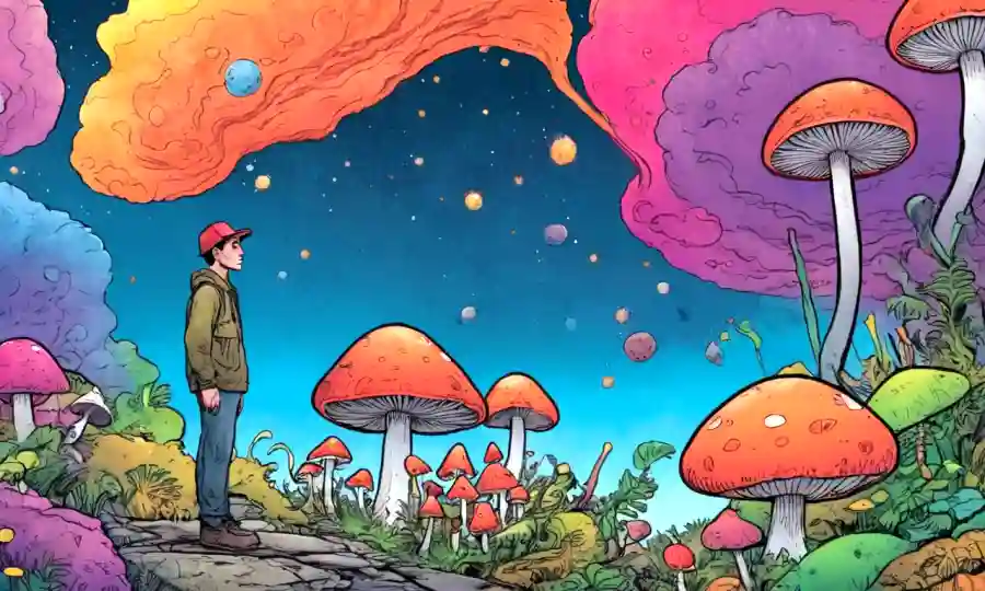 Una persona mirando cuidadosamente los hongos en medio de un fondo colorido y surrealista.