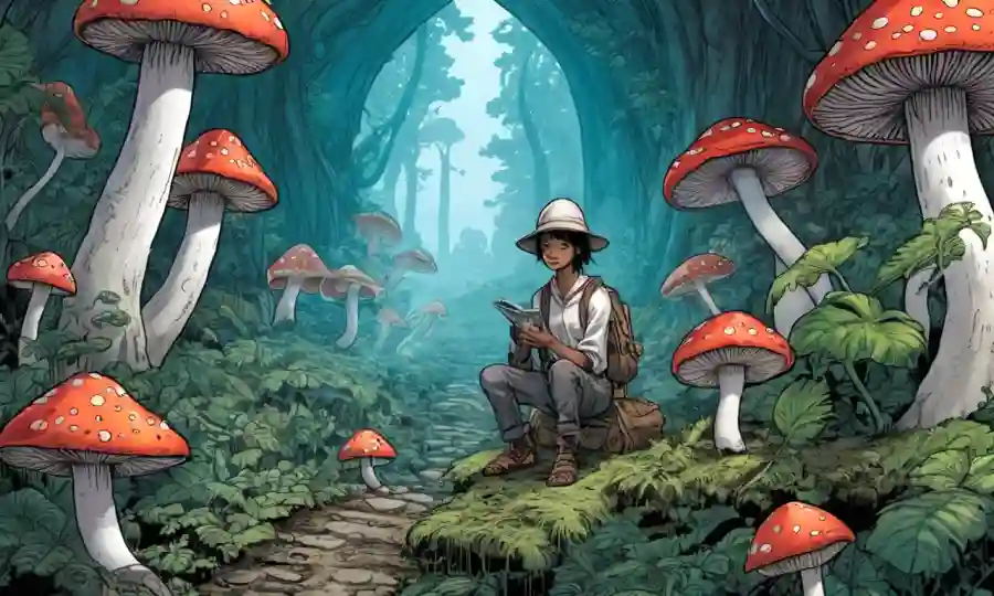 Una persona que explora varias culturas a través de hongos en un ambiente etéreo. (Nota: El título parece requerir creatividad e interpretación para una representación visual)