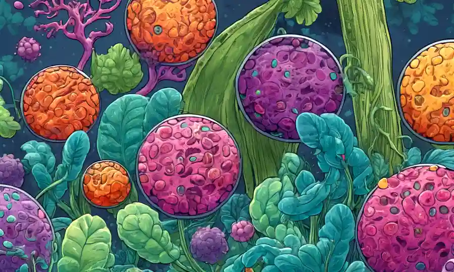 Imagen microscópica mostrando interacciones beneficiosas de microbioma dentro de las células vegetales.