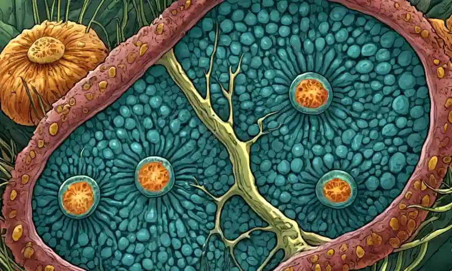 Vista microscópica de una endofita fúngica que crece dentro de una célula vegetal.