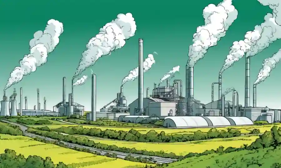 Paisaje industrial con centrales de biomasa y tecnología verde.