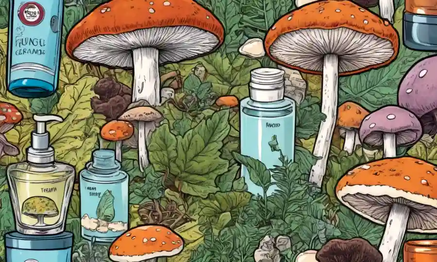 Retratos de especies de hongos en la piel humana junto con cremas de belleza y productos.
