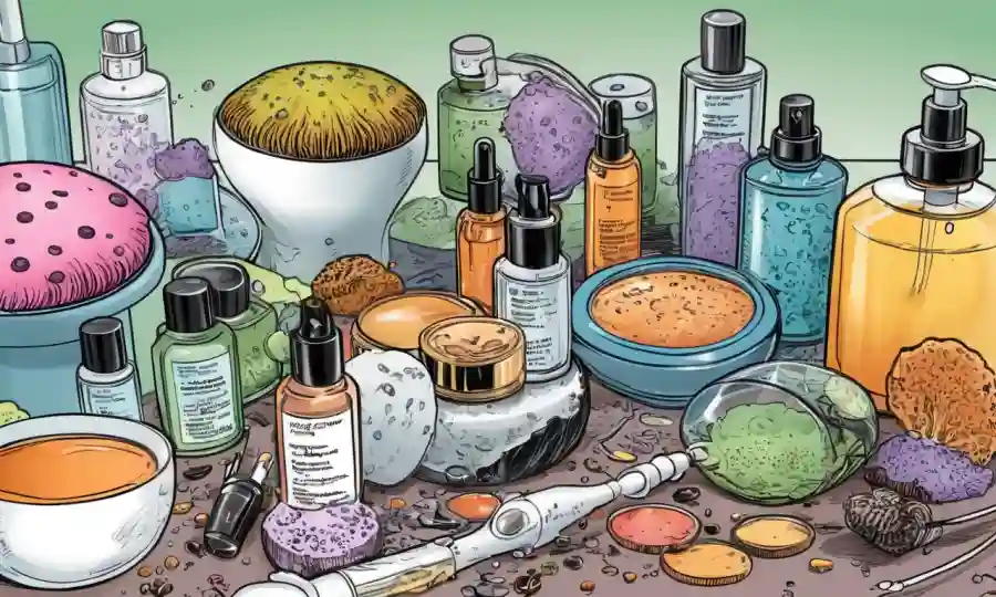Extractos de hongos que se utilizan en productos de belleza con fórmulas cosméticas y tubos de cuidado de la piel.