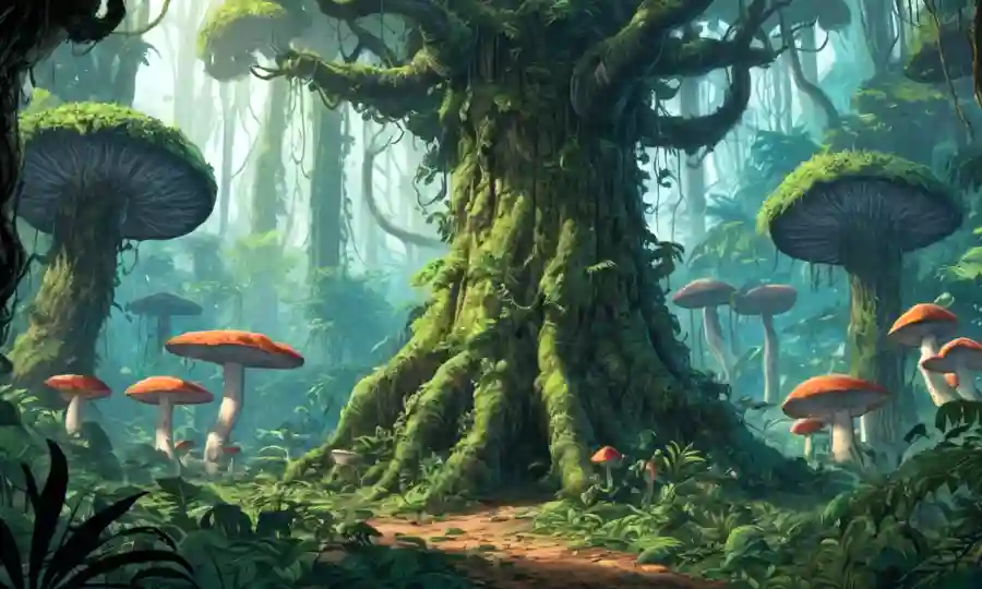 Un bosque tropical denso con crecimiento de hongos en troncos antiguos y exuberante vegetación.