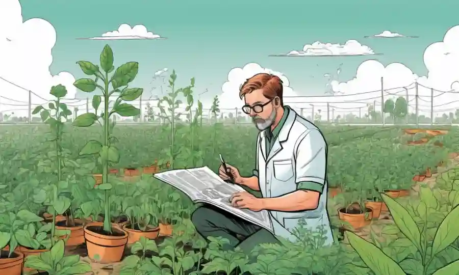 Científico que estudia plantas en un campo, rodeado de diagramas y datos sobre sostenibilidad.