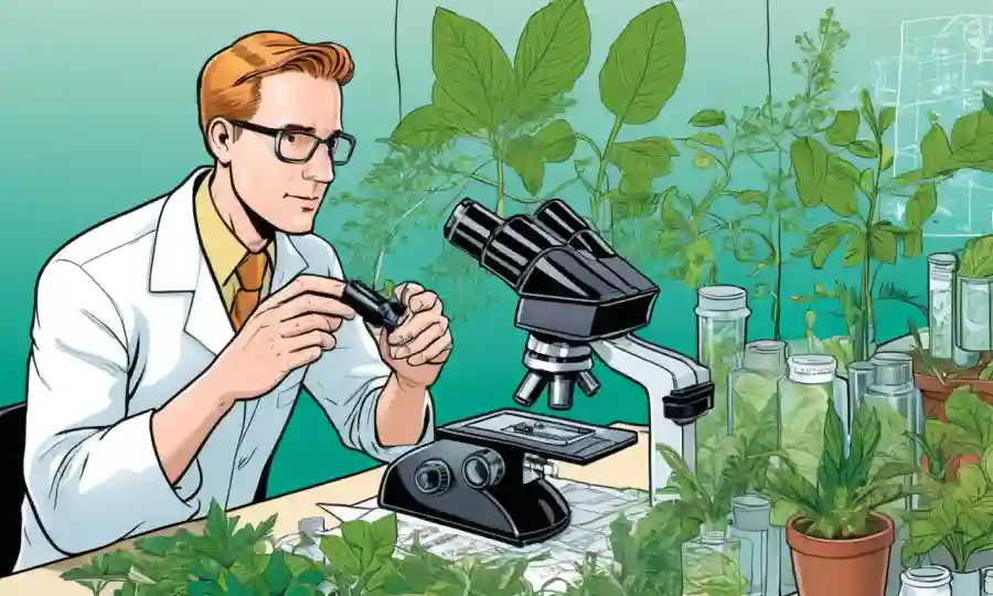 Científico examinando plantas bajo microscopio
