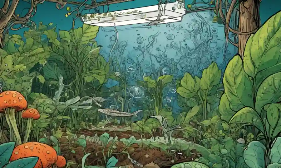 Microorganismos que crecen dentro de plantas, rodeados de diagramas y datos sobre la conservación de los ecosistemas.