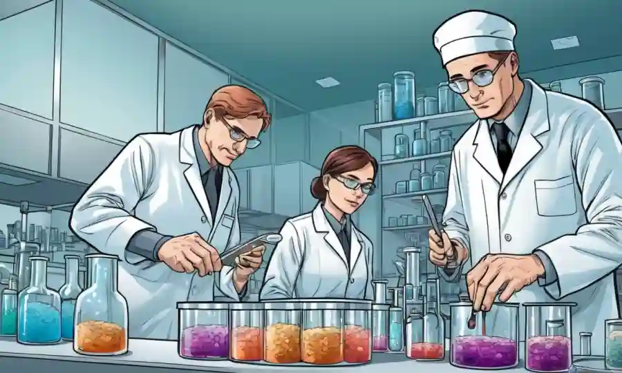Microbiólogos que trabajan en laboratorios analizando platos Petri e investigando bacterias endofiléticas.