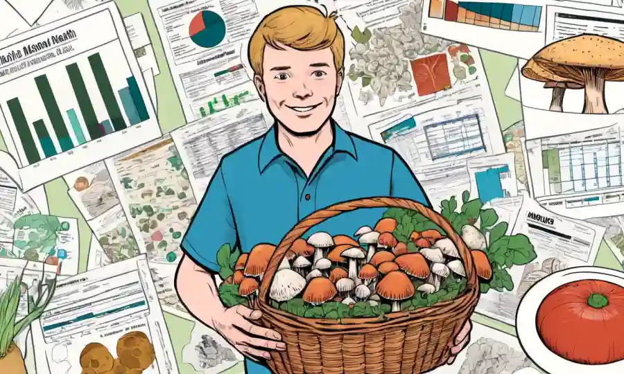 Una persona que tiene una cesta de setas rodeada de gráficos de salud pública y datos nutricionales.