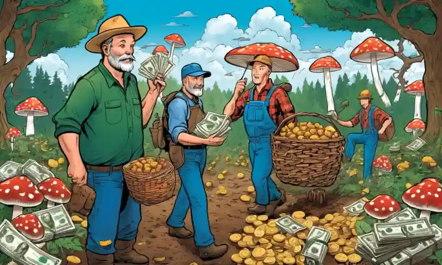 Los agricultores cosechan hongos en el bosque, rodeados de estadísticas y grafitos.
