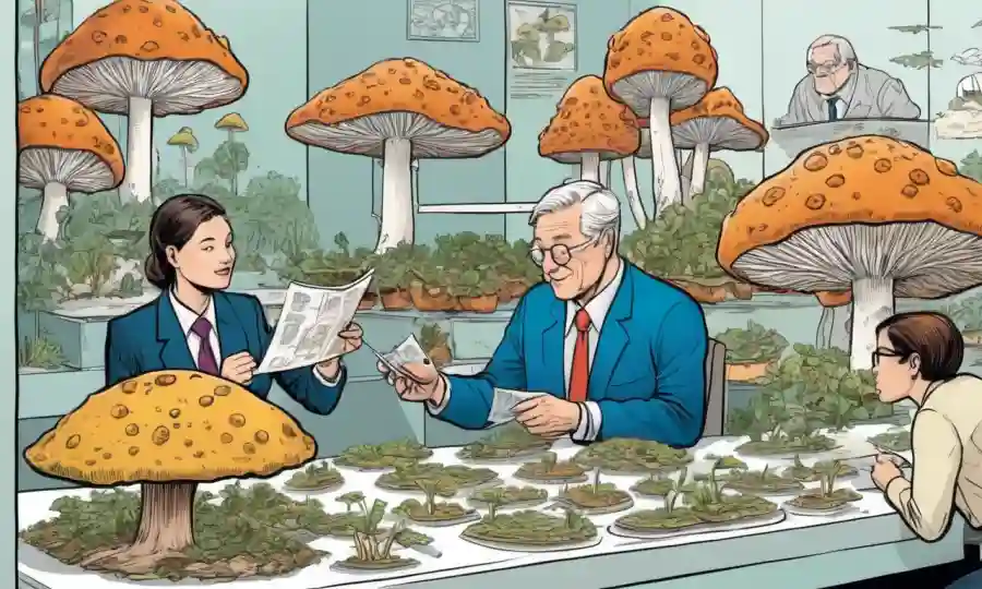 Gráficos mostrando tendencias de mercado en el cultivo de hongos con los empresarios que examinan cifras.