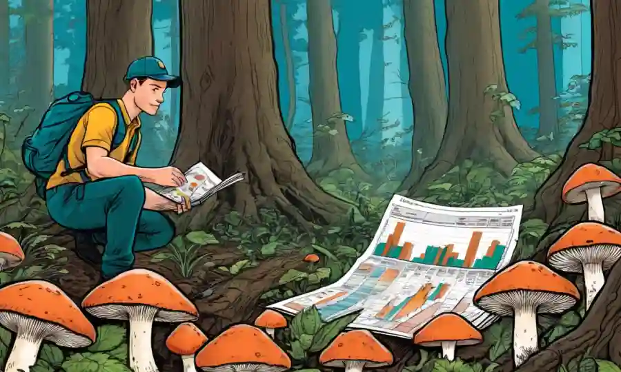 Una persona que examina setas creciendo en el bosque