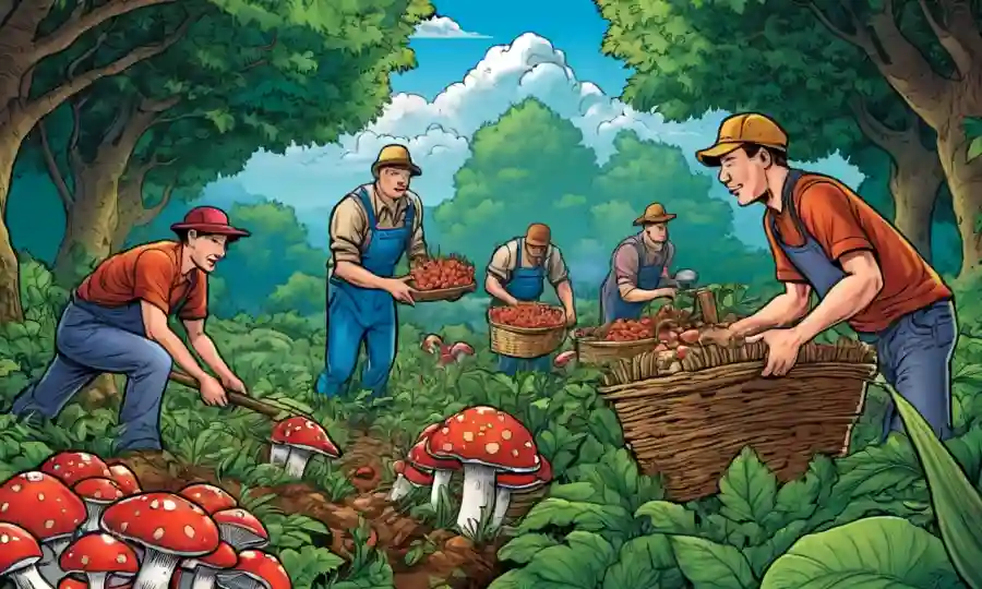 Los agricultores cosechan cultivos de hongos en medio de vegetación exuberante, lo que simboliza beneficios económicos.