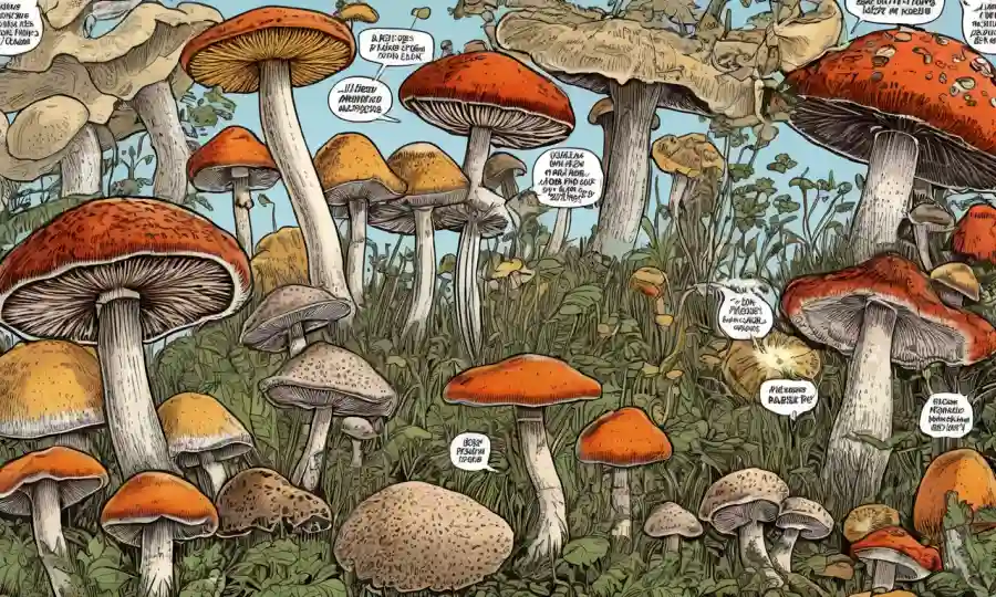 Imagen microscópica de varios hongos con superposición de texto destacando sus beneficios.