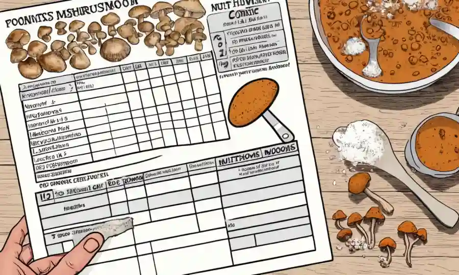 Una persona que sostiene una cuchara con hongos en polvo junto con un gráfico nutricional y un texto de beneficios.
