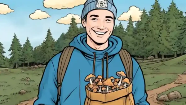 Persona sosteniendo una bolsa de setas secas con una sonrisa.