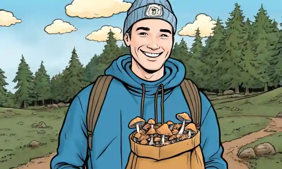 Persona sosteniendo una bolsa de setas secas con una sonrisa.