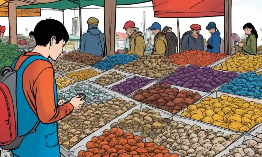 Persona navegando y seleccionando diferentes hongos de colores en un bullicioso mercado local.