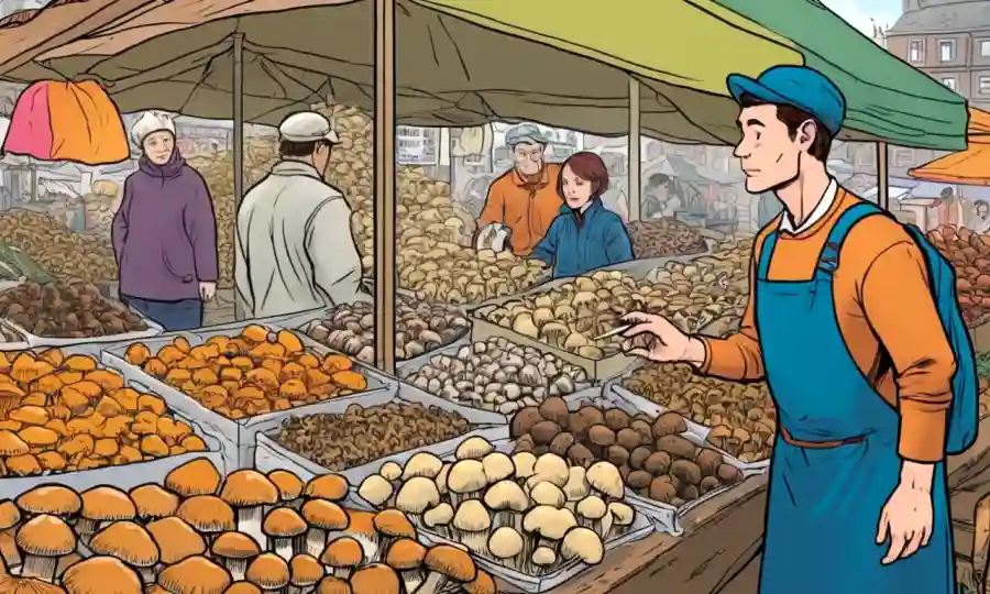 Alguien examinando varios hongos en un puesto de mercado.