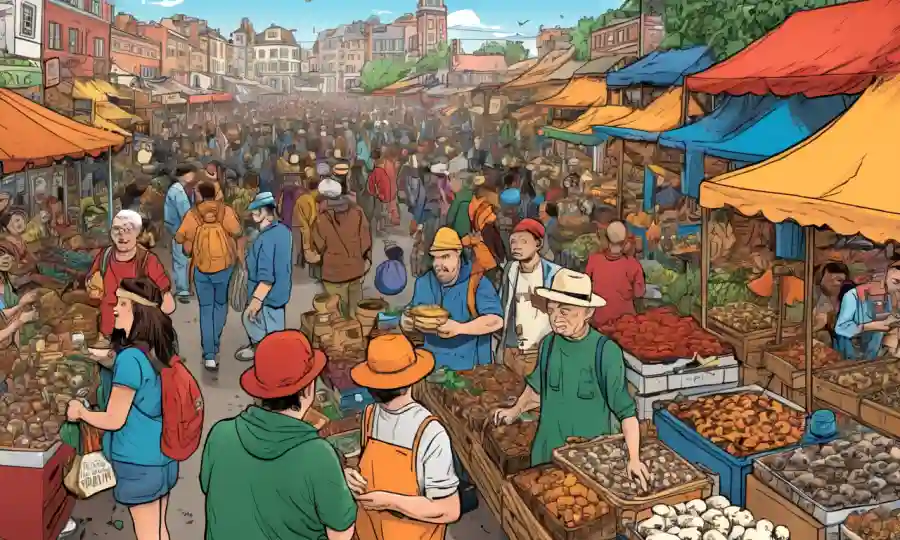 Vibrant market scene with various hongos and diverse crowds selecting goods.
