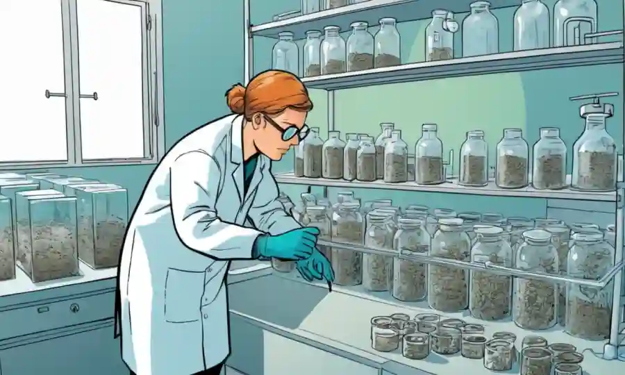 Científico que examina microorganismos en cámaras especializadas de laboratorio para investigación del suelo.