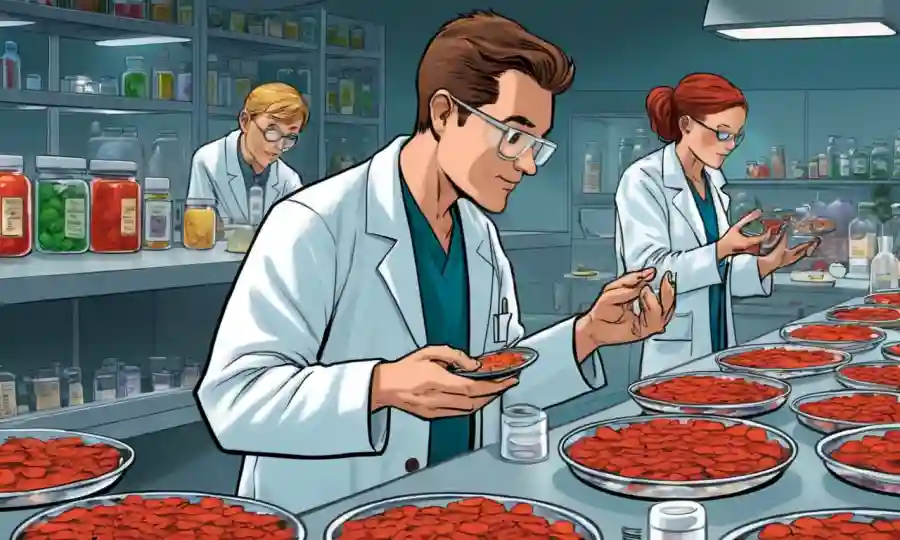 Gente en capas de laboratorio examinando productos alimenticios basados en hongos en platos petri.